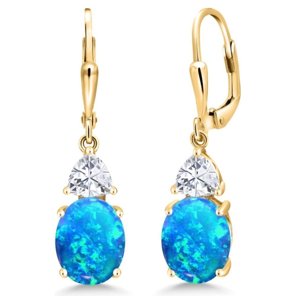 18K Yellow Gold with 2.64 Cttw Blue Opal and White Moissanite Drop Earrings